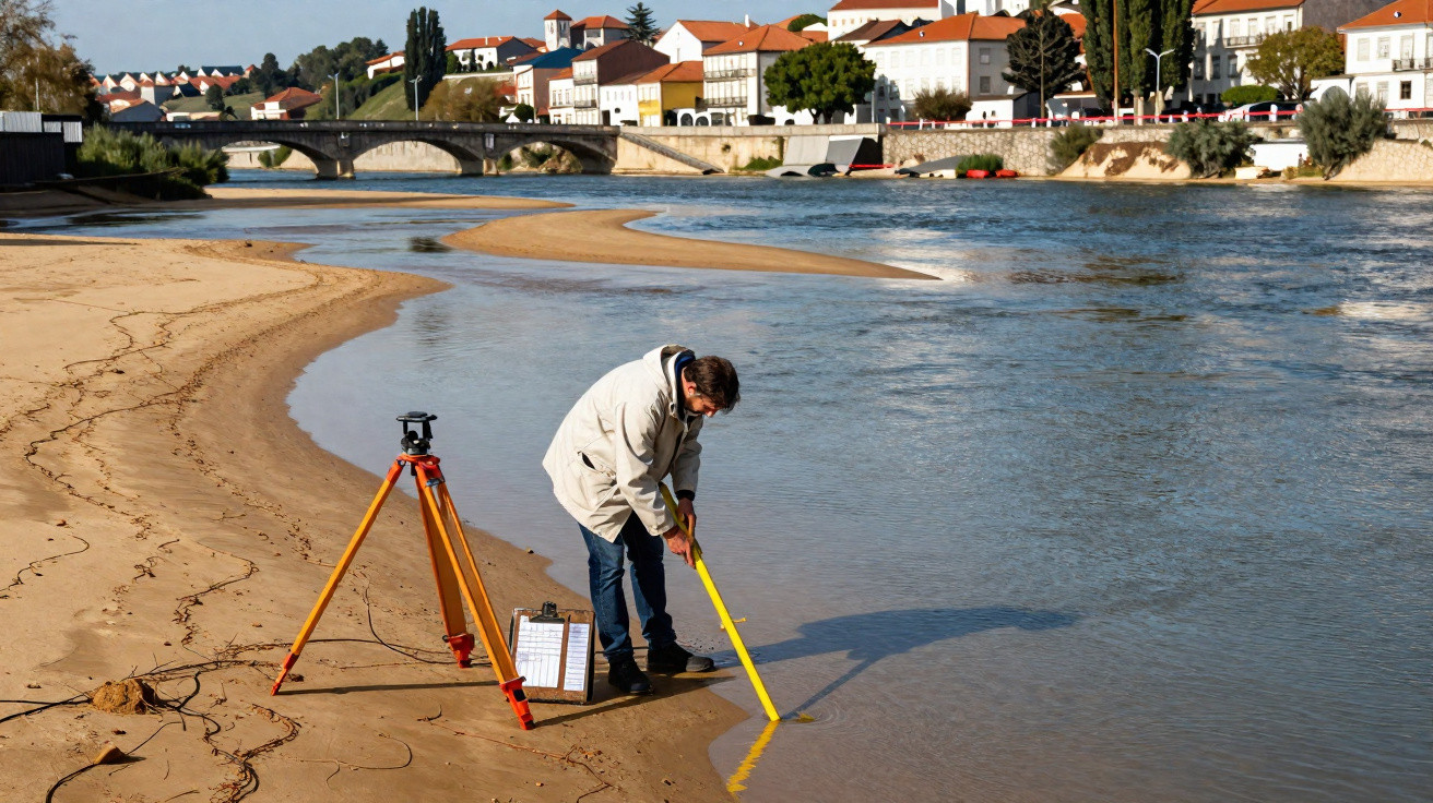Homem mede nível da água do rio com equipamento de topografia em margem arenosa, com cidade ao fundo.