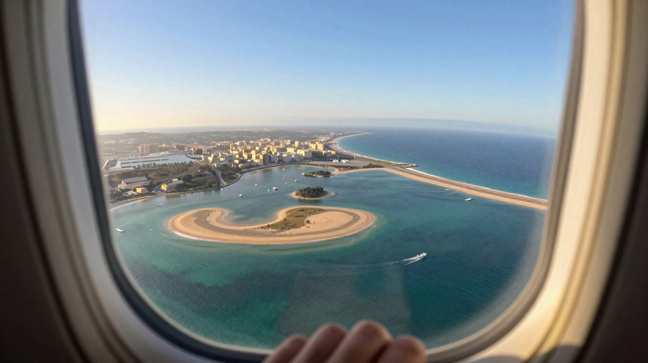 Vista aérea pelo vidro de uma janela de avião de ilha em forma de coração com mar azul e cidade ao fundo.