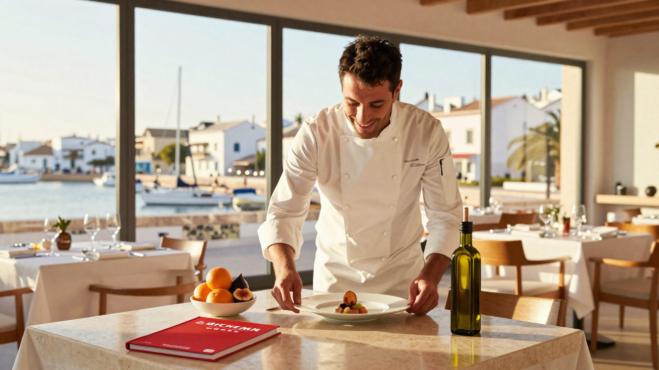 Chef arrumando prato sofisticado em restaurante com vista para marina e barcos ao fundo.