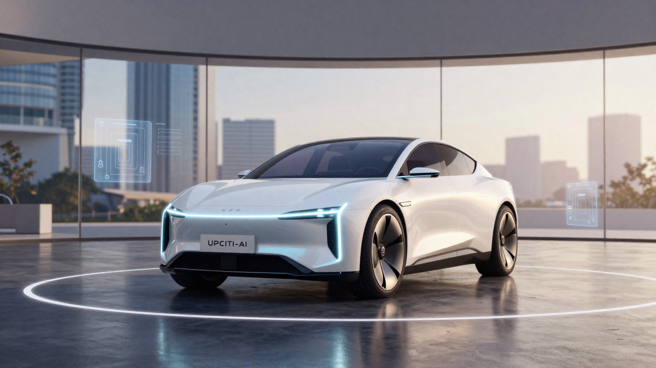 Carro elétrico branco futurista exibido em ambiente interno com janela panorâmica e hologramas digitais ao redor.