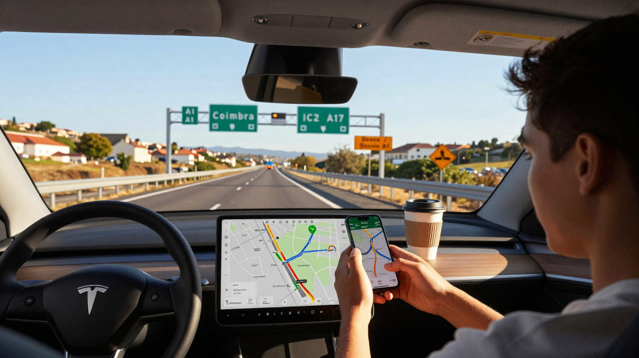 Jovem dirigindo Tesla, segurando celular com aplicativo de mapas, estrada e placas para Coimbra à frente.