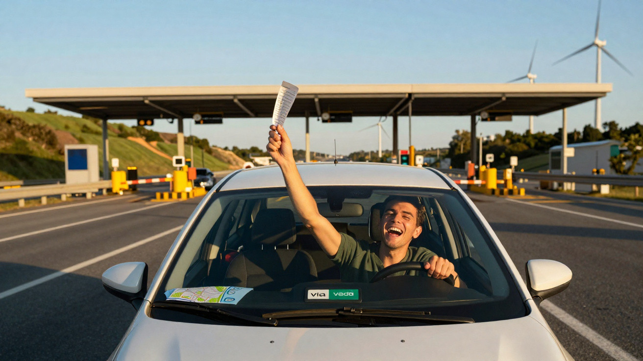 Homem feliz dentro de carro na praça de pedágio segurando documento com turbinas eólicas ao fundo.