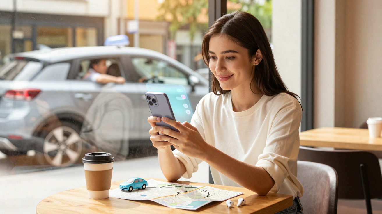 Jovem sorrindo usando celular sentada em mesa com mapa e café perto de janela de cafeteria.
