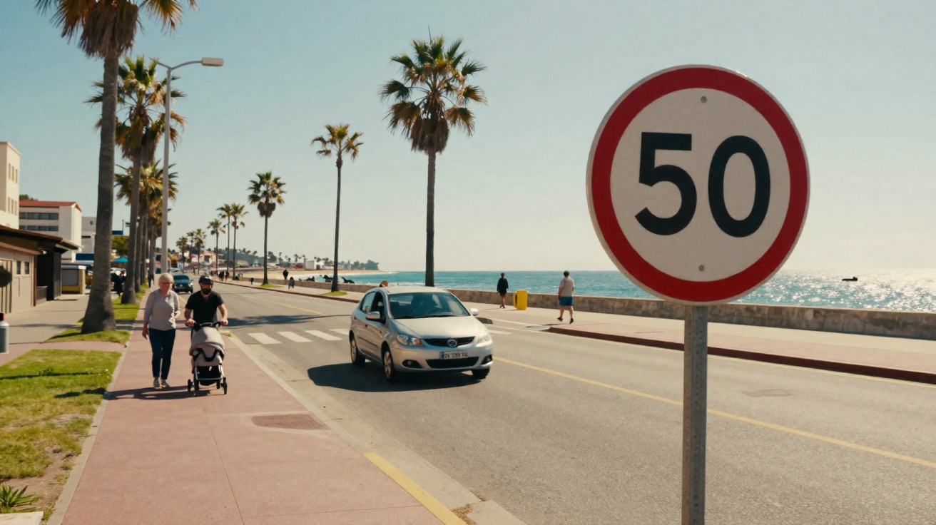 Placa de limite de velocidade 50 à beira-mar com pedestres, carro e coqueiros sob céu claro.