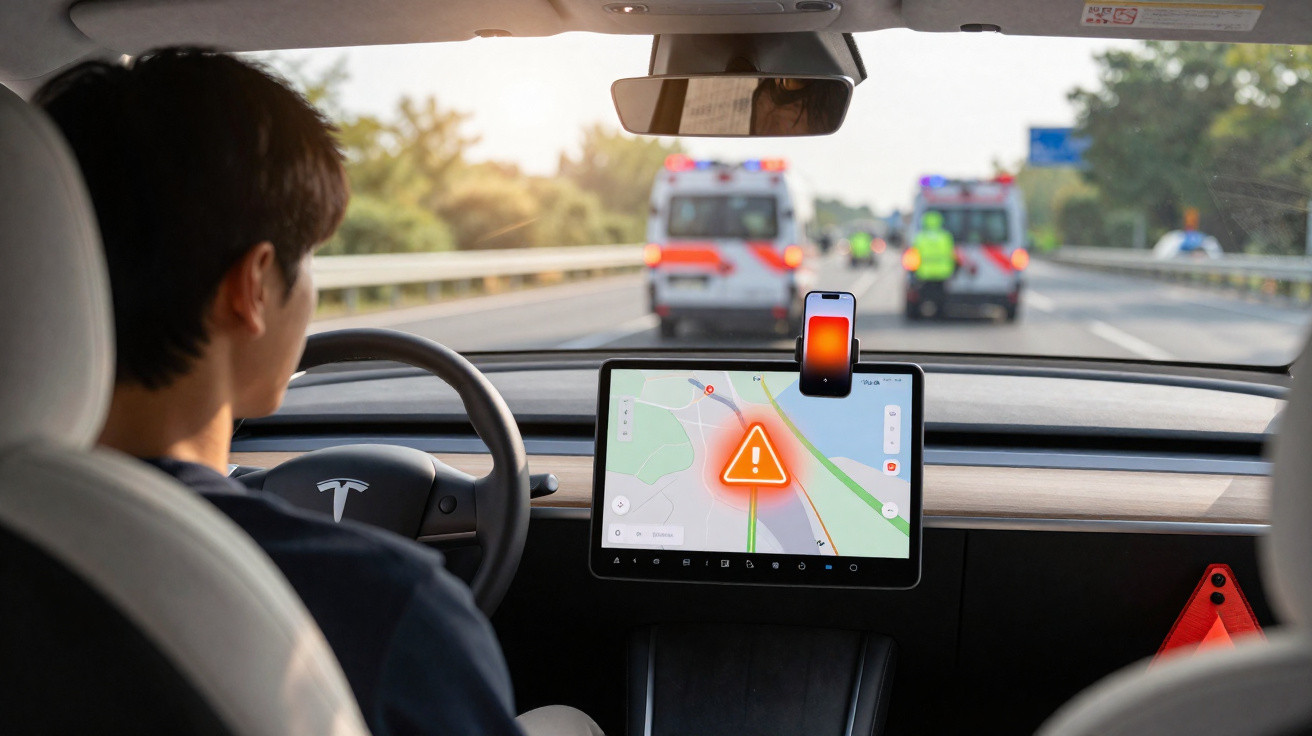 Motorista de Tesla observa painel com alerta de acidente à frente na estrada, com veículos de emergência no local.
