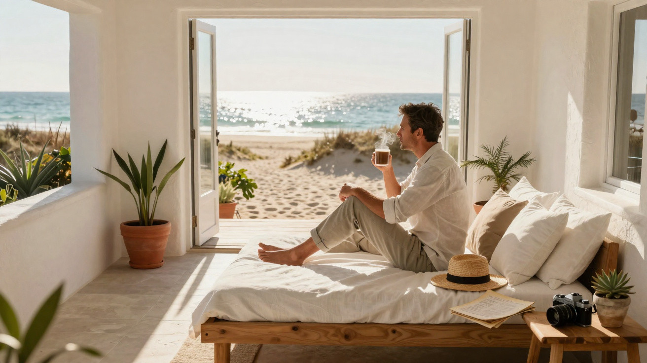 Homem sentado em cama perto da praia, bebendo café em um quarto arejado com plantas e decoração rústica.