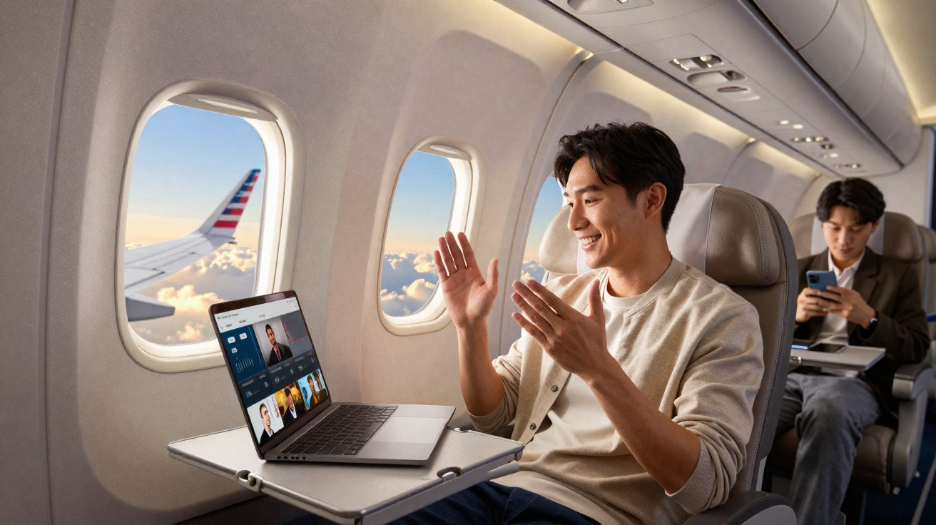 Homem sorrindo em videoconferência no laptop dentro de avião com janelas e asas visíveis ao fundo.