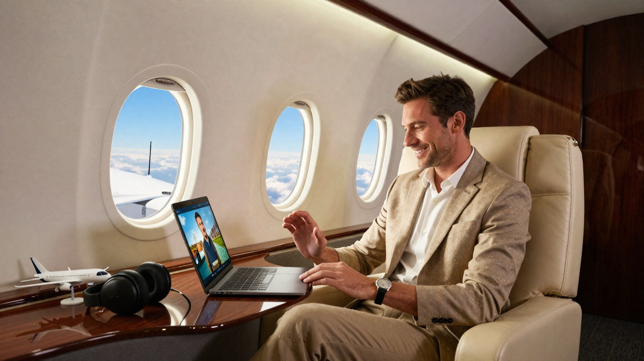 Homem sorrindo usando laptop em jatinho particular com janela mostrando céu azul e nuvens.