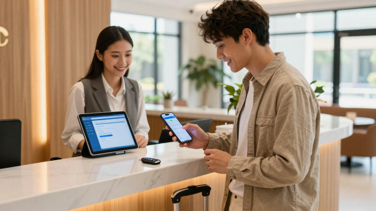 Homem confere celular enquanto faz check-in em hotel com atendente sorridente no balcão.
