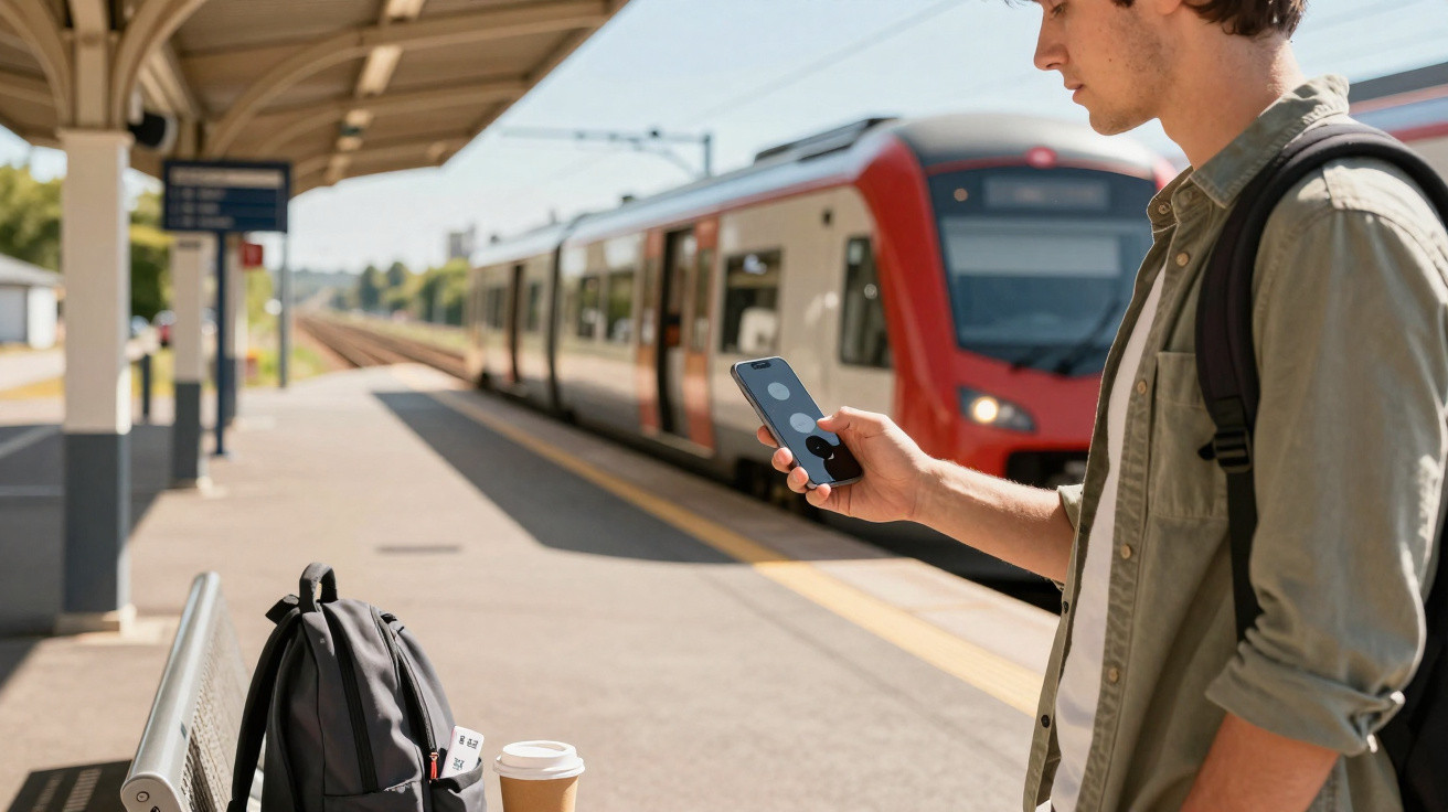 Jovem aguardando trem na estação, usando celular, com mochila e café em banco próximo.