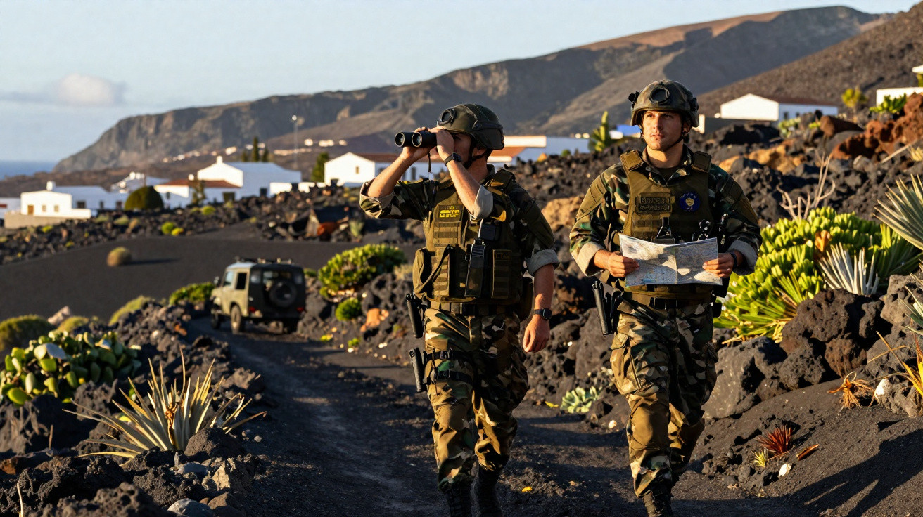 Dois soldados em uniformes camuflados patrulham estrada rochosa com binóculo e mapa, com casas e montanhas ao fundo.