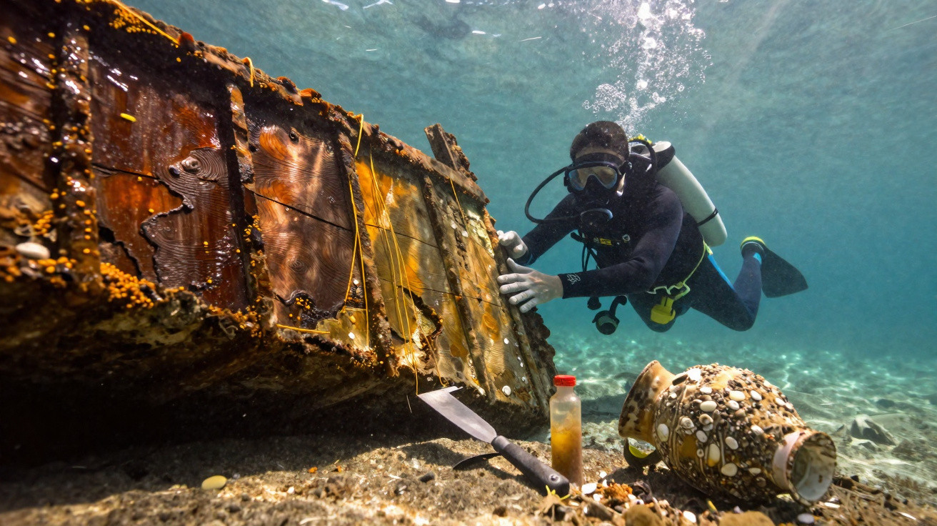 Mergulhador explorando destroços enferrujados no fundo do mar próximo a um vaso antigo decorado.