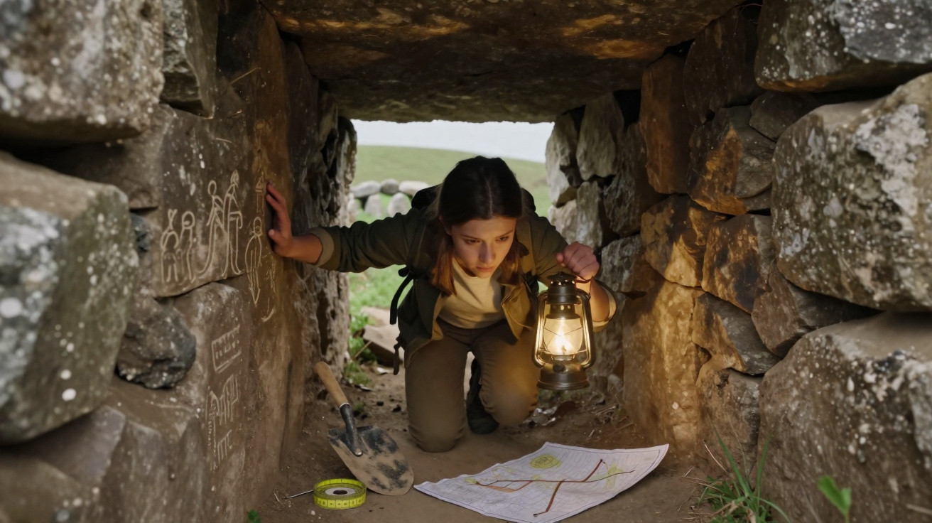 Mulher exploradora com lanterna, olhando mapa dentro de construção antiga de pedras rústicas.
