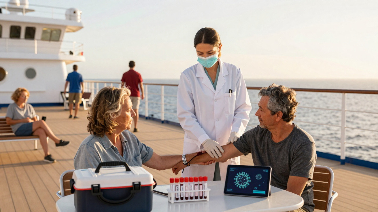 Profissional de saúde com máscara coleta sangue de homem em navio durante viagem, mulher observa.