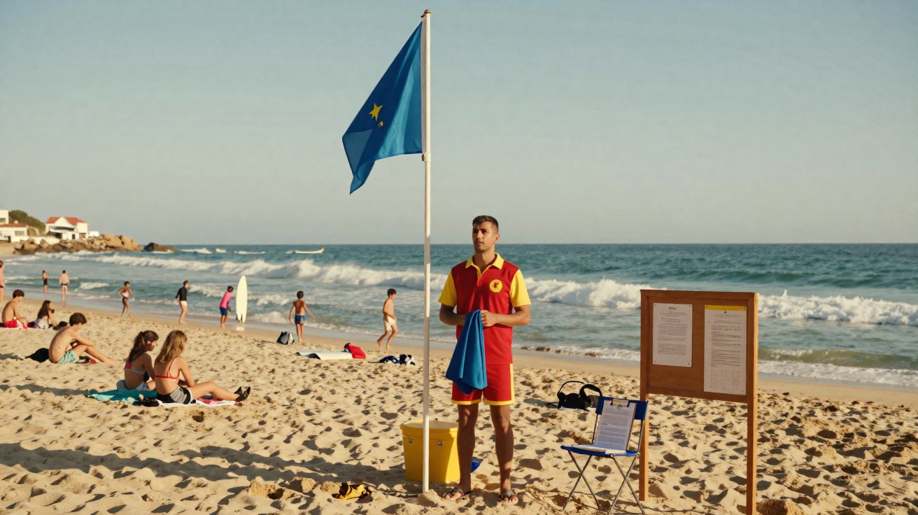Salva-vidas em pé na praia ao lado de bandeira azul, cadeira, placa de aviso e pessoas ao fundo.