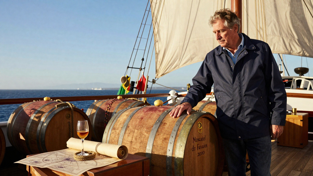 Homem encostado em barril de vinho Moscatel de Favaios 2010 em barco com mapa e taça de vinho.