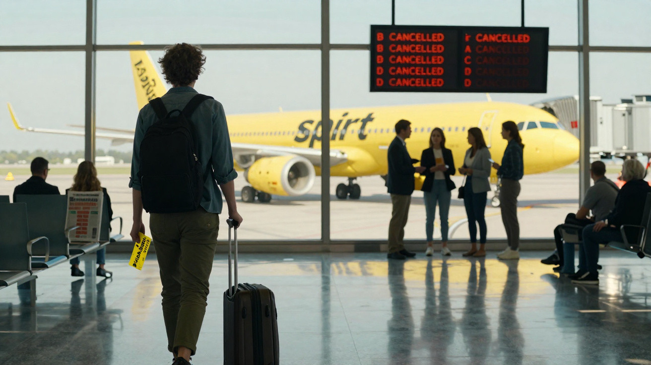 Homem com mala observa painel de voos cancelados dentro de aeroporto com avião amarelo da Spirit ao fundo.