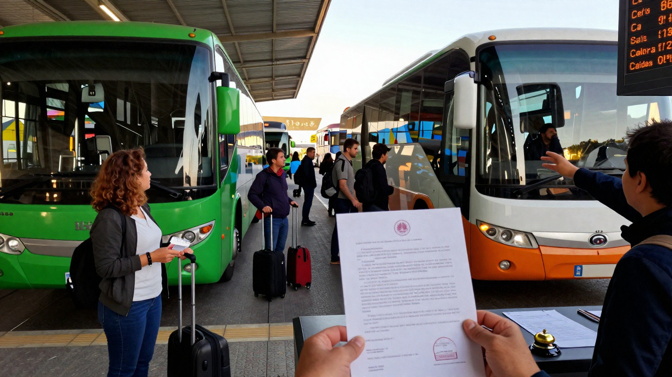 Pessoa segurando documento em terminal rodoviário com ônibus verde e branco e passageiros com malas.