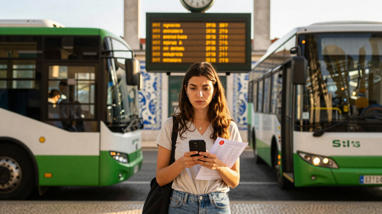 Mulher jovem usando celular e segurando papel em ponto de ônibus com dois coletivos verdes ao fundo.