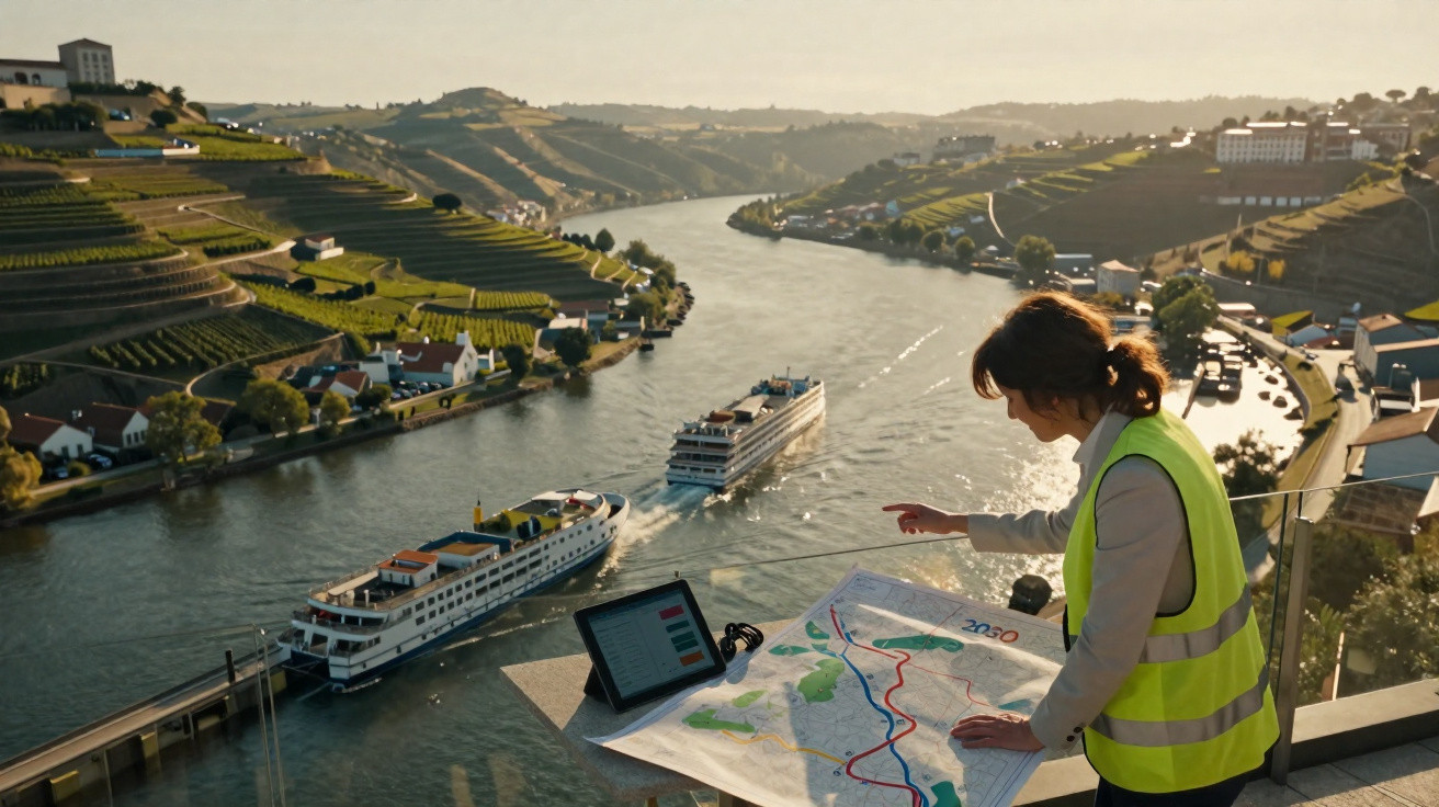 Mulher com colete refletivo analisa mapa em varanda com vista para rio e dois barcos de passeio.