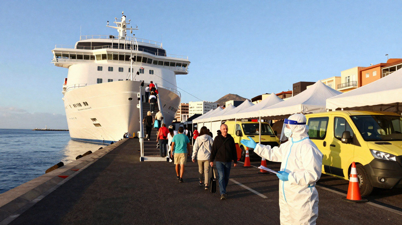 Pessoas embarcando em navio de cruzeiro enquanto profissional de saúde com EPI verifica informações em cais.