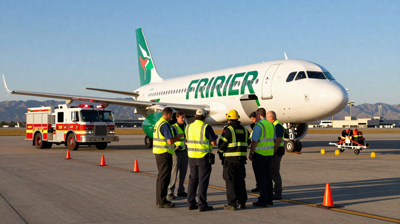 Equipe de emergência reunida no aeroporto perto de avião da companhia Fririer com caminhão de bombeiros ao fundo.