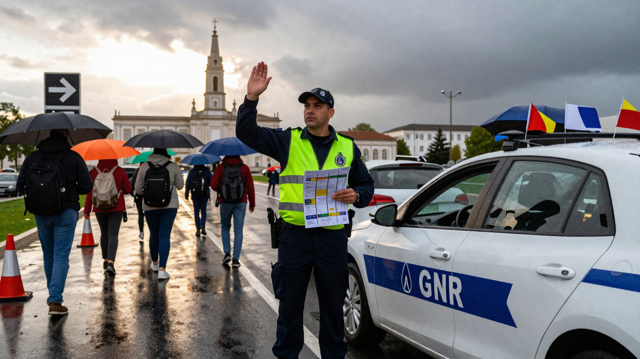 Policial da GNR com colete fluorescente controlando pedestres com guarda-chuvas em dia chuvoso perto de igreja.