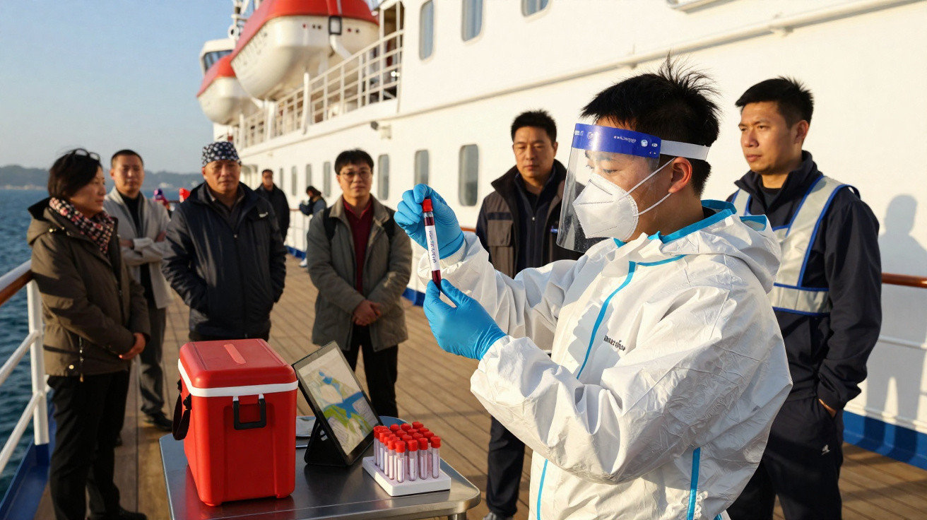 Profissional com equipamento de proteção coleta amostras em navio, com grupo de pessoas observando ao fundo.
