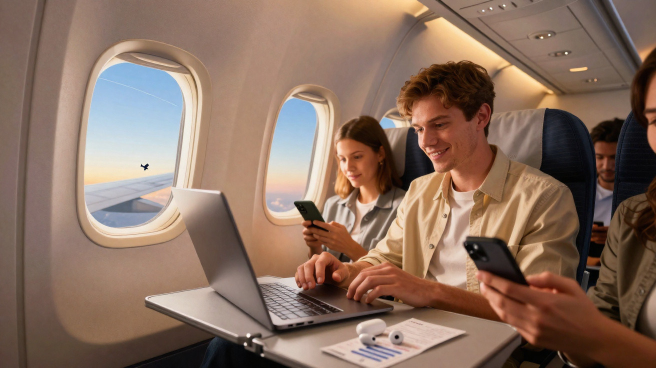 Jovens sentados em avião usando laptop e celulares com auriculares sobre a mesa.