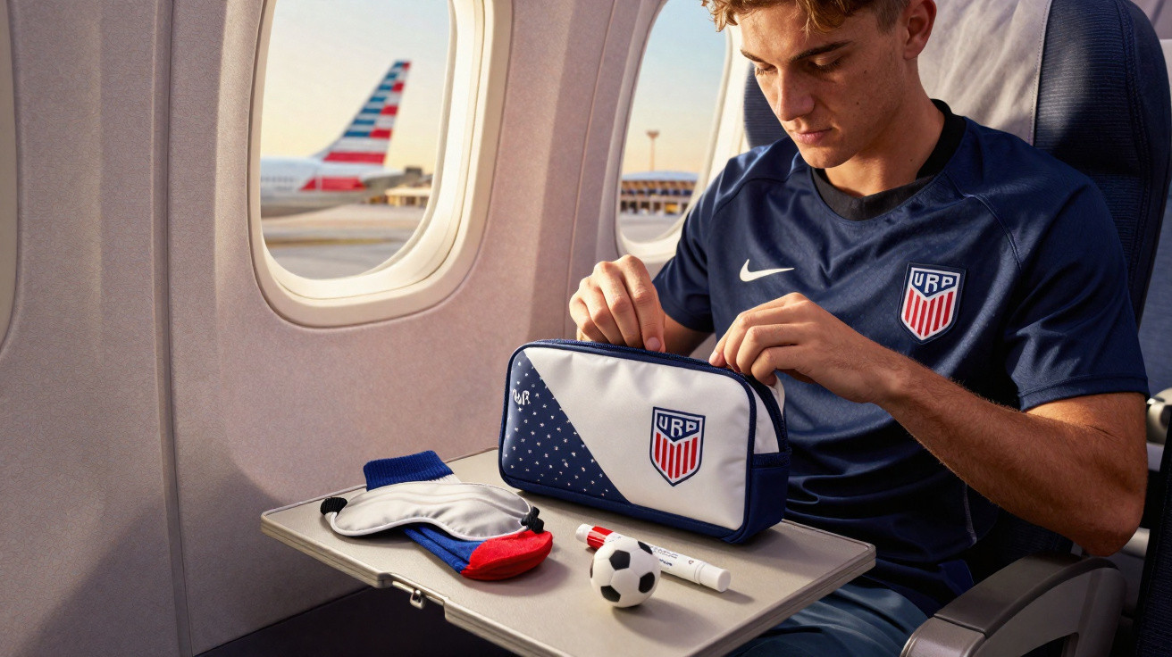 Jovem com camisa esportiva azul abre nécessaire em avião, com meias, mini bola de futebol e marcador na bandeja.