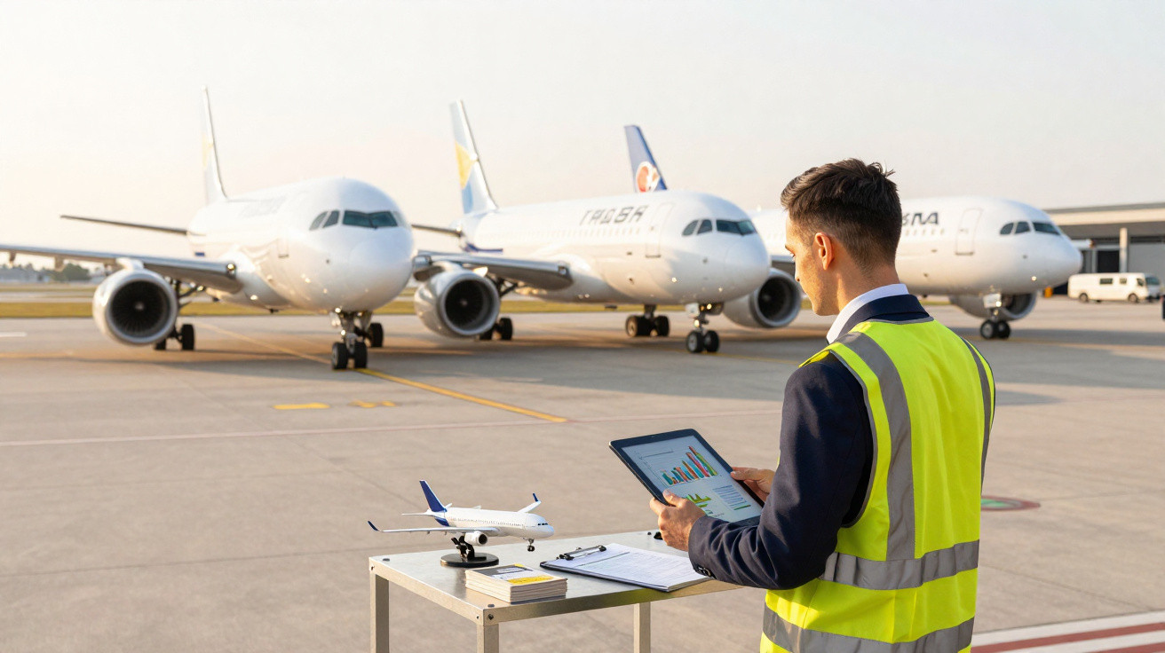 Homem com colete de segurança analisa dados em tablet no pátio com três aviões estacionados ao fundo.