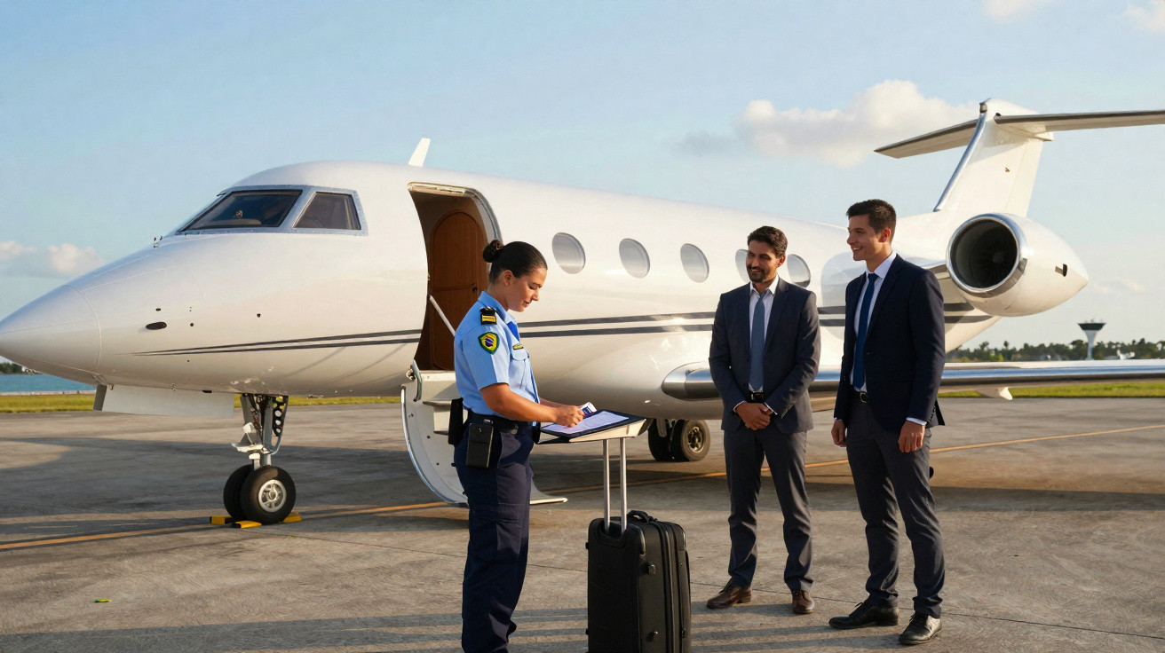 Oficial de segurança conferindo documentos de dois passageiros em pé próximo a um jato particular no aeroporto.