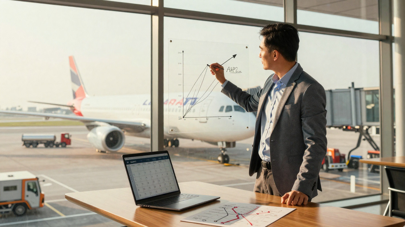 Homem desenha gráfico em janela com avião estacionado ao fundo em aeroporto.