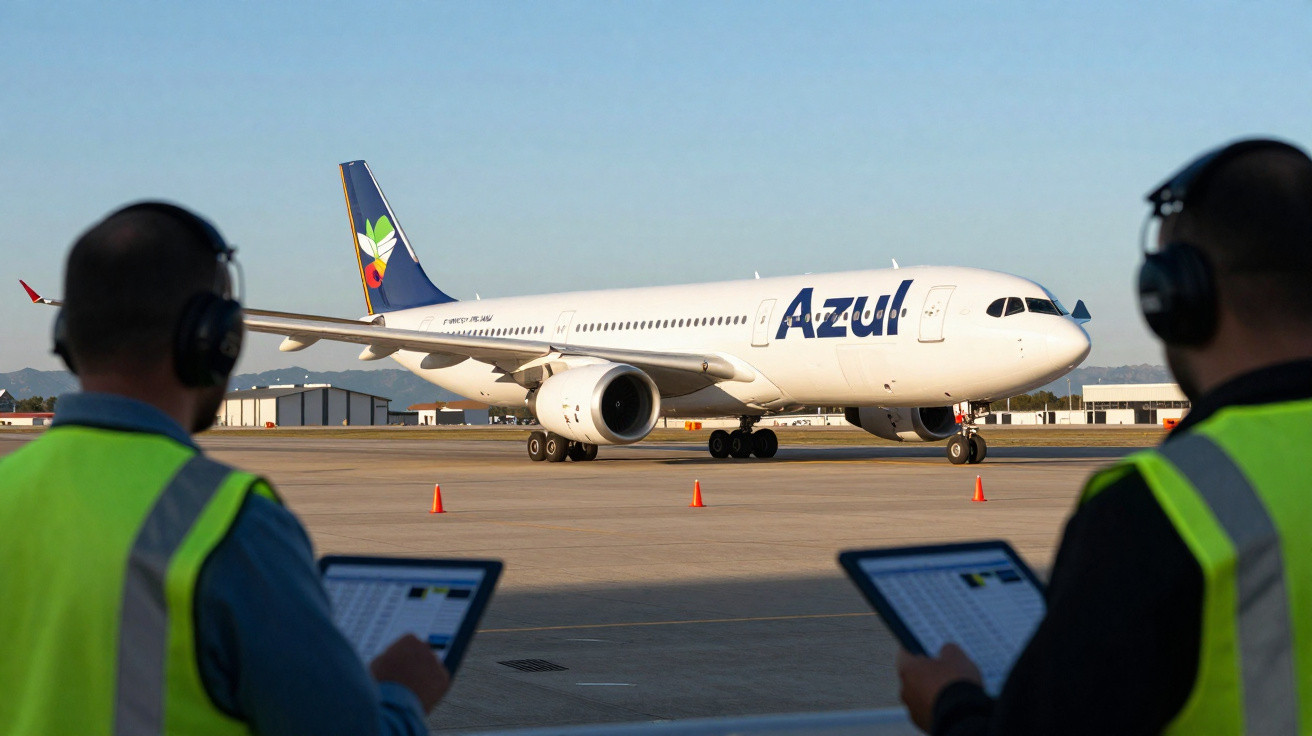 Avião da Azul taxiando no aeroporto com dois profissionais de segurança usando tablets em primeiro plano.