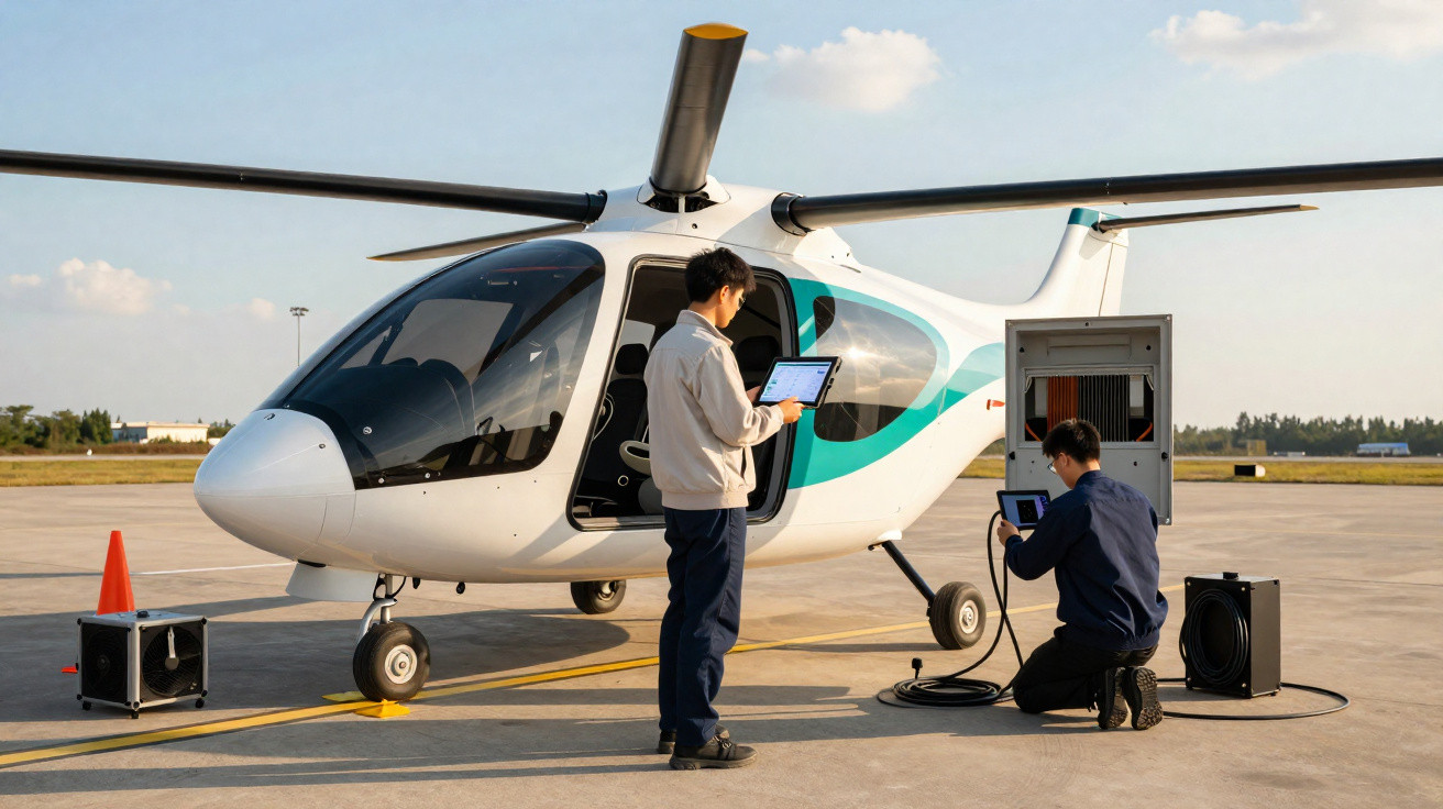 Dois técnicos usando tablets fazem manutenção em helicóptero elétrico branco em pista de aeroporto.