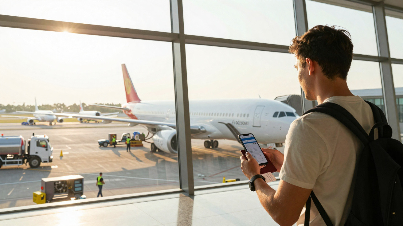 Homem com mochila usa celular enquanto observa avião estacionado no portão do aeroporto.