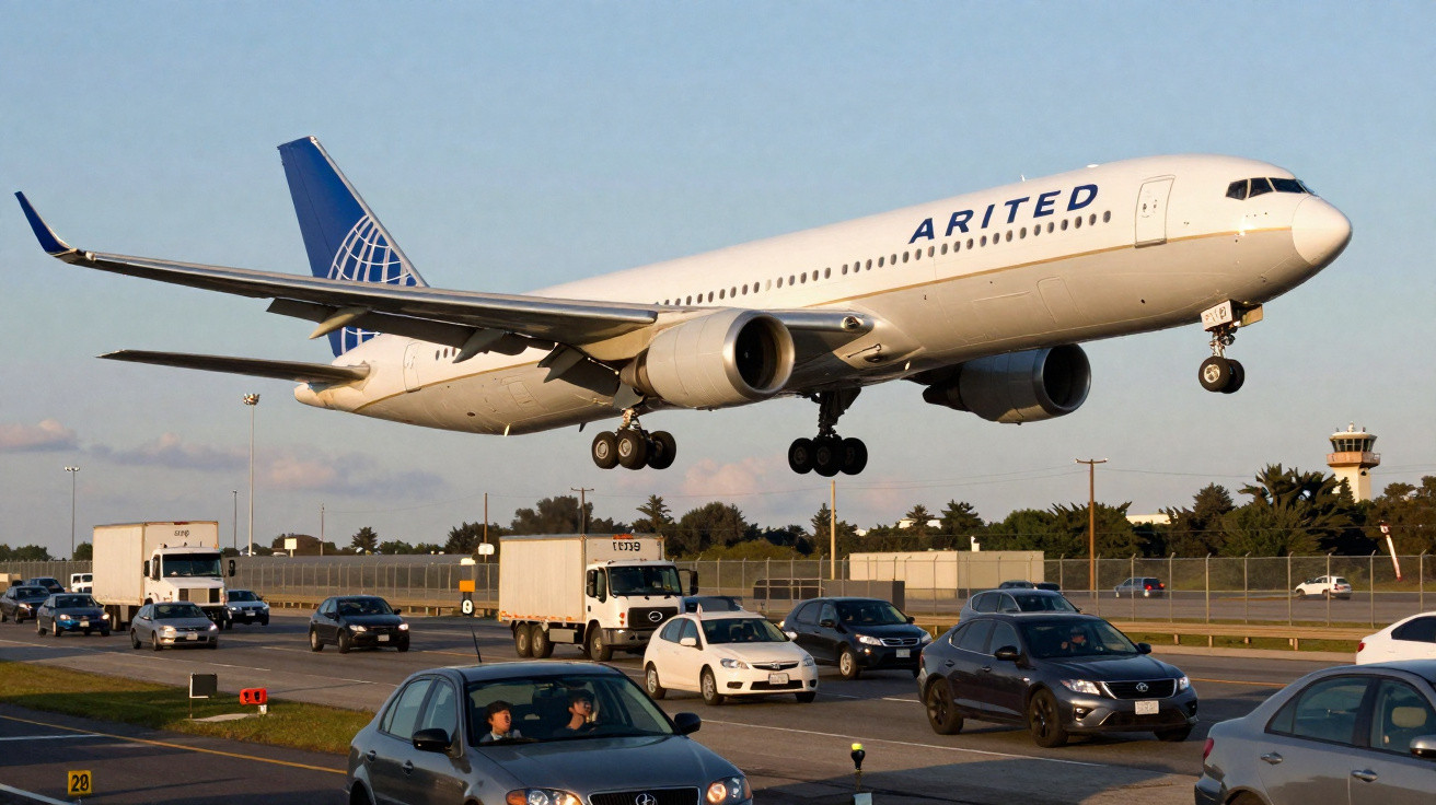 Avião United em aproximação de pouso sobre estrada movimentada com carros e caminhão.