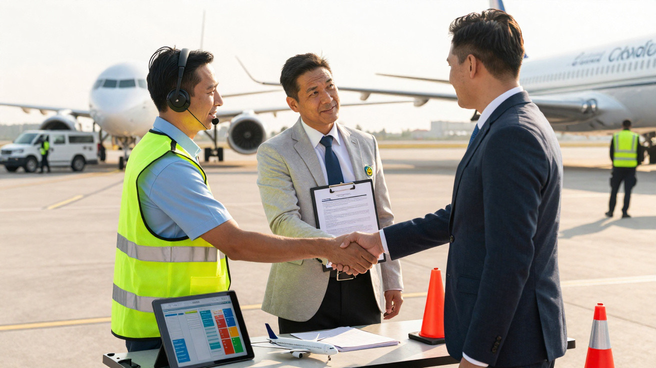 Homens em aeroporto apertando mãos com aviões ao fundo e equipamento de controle no chão.