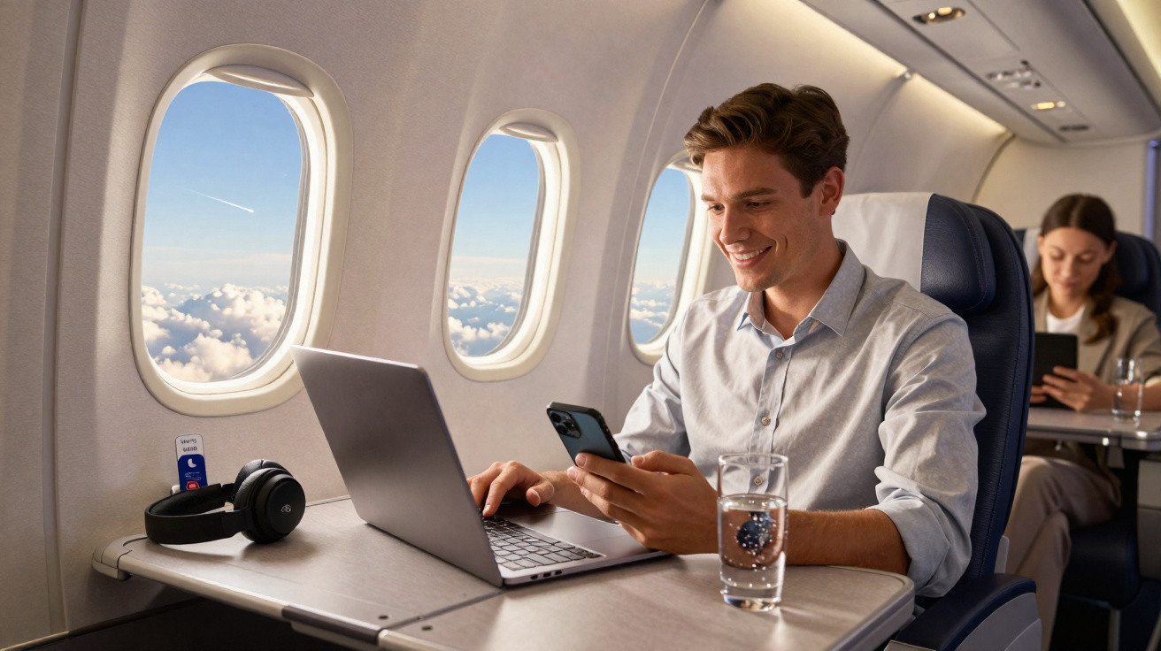Homem sorrindo usando celular e laptop dentro de avião durante voo, com fones e copo de água na bandeja.