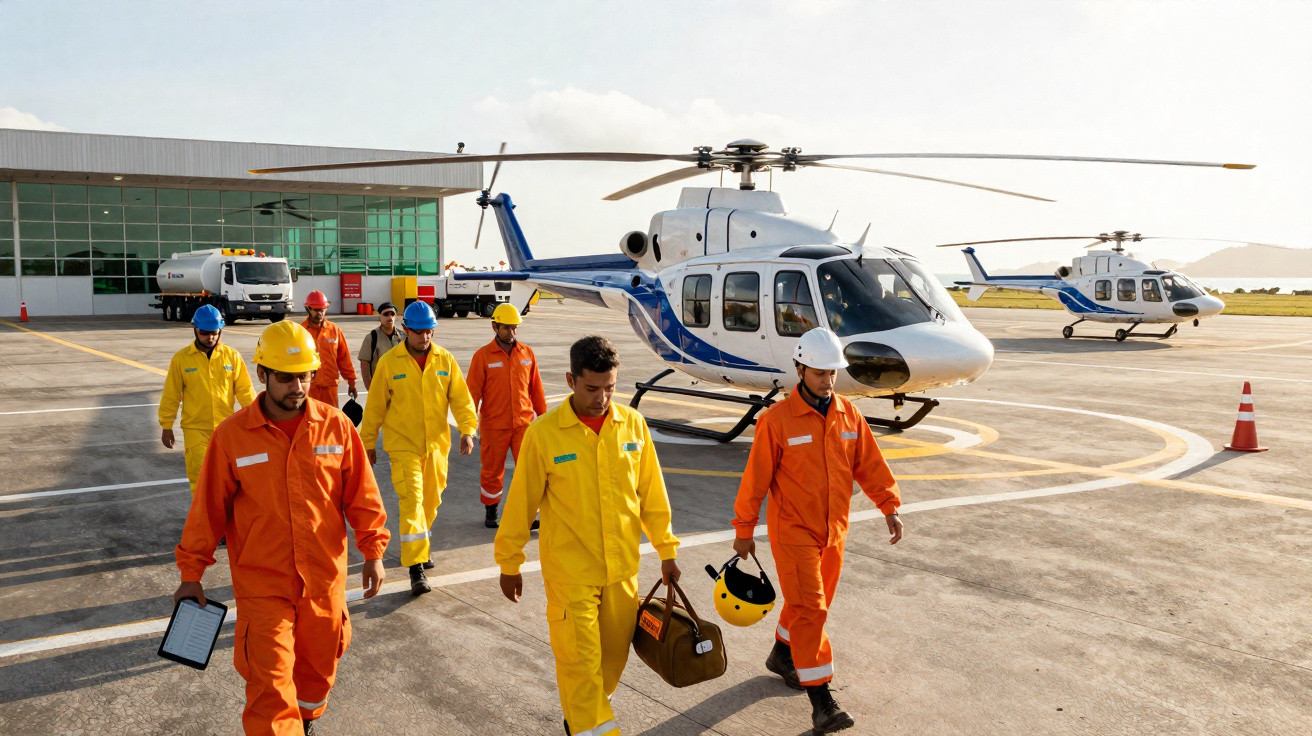 Trabalhadores com uniformes laranja e amarelo na pista ao lado de helicópteros brancos e azuis.