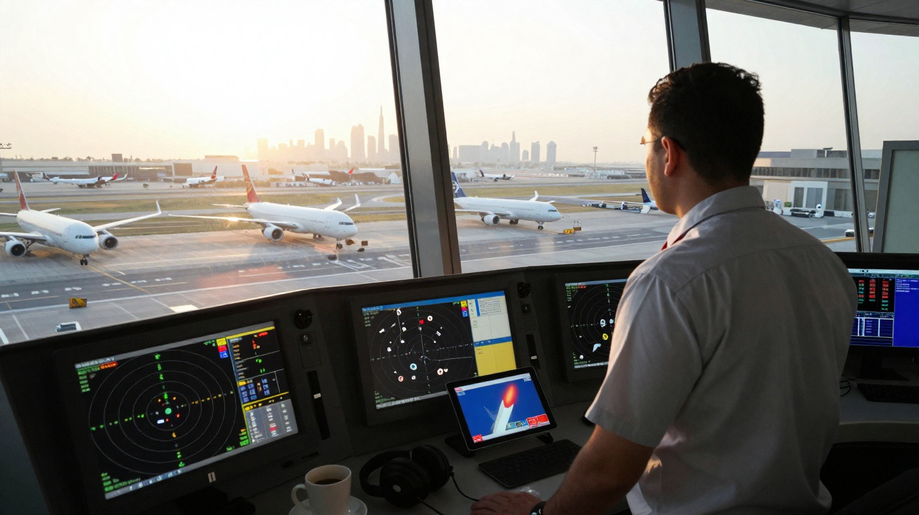 Controlador de tráfego aéreo monitora aviões em aeroportos ao pôr do sol com várias telas de radar.