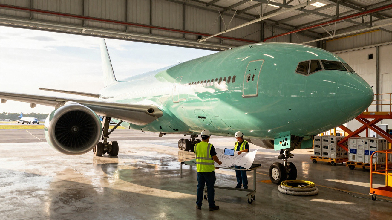 Dois técnicos com coletes de segurança inspecionam plano em frente a avião verde em hangar.