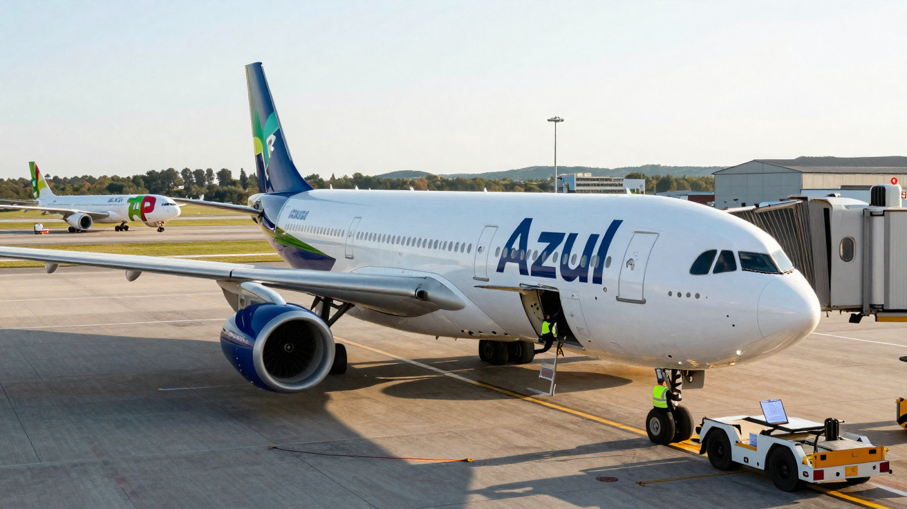 Avião da Azul estacionado no portão do aeroporto com equipe de solo realizando operações.