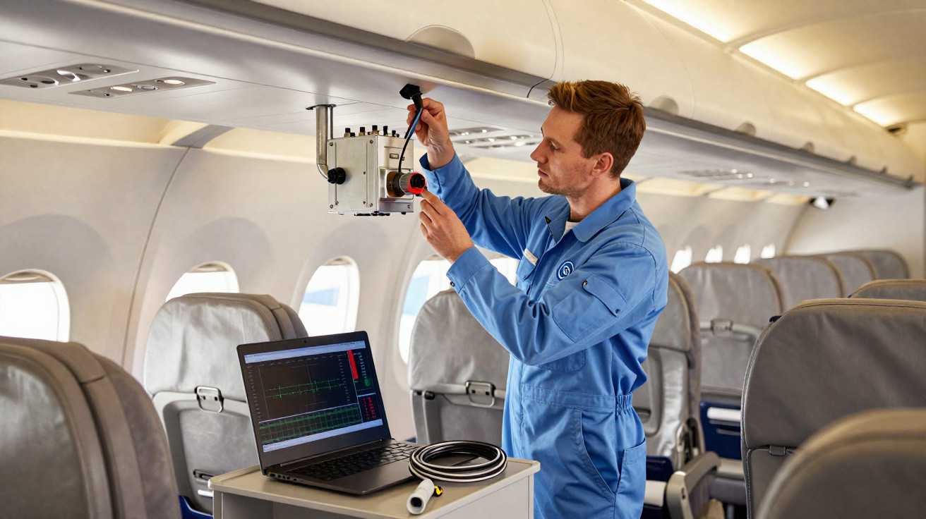 Homem em macacão azul ajusta equipamento eletrônico no interior de avião com laptop aberto ao lado.