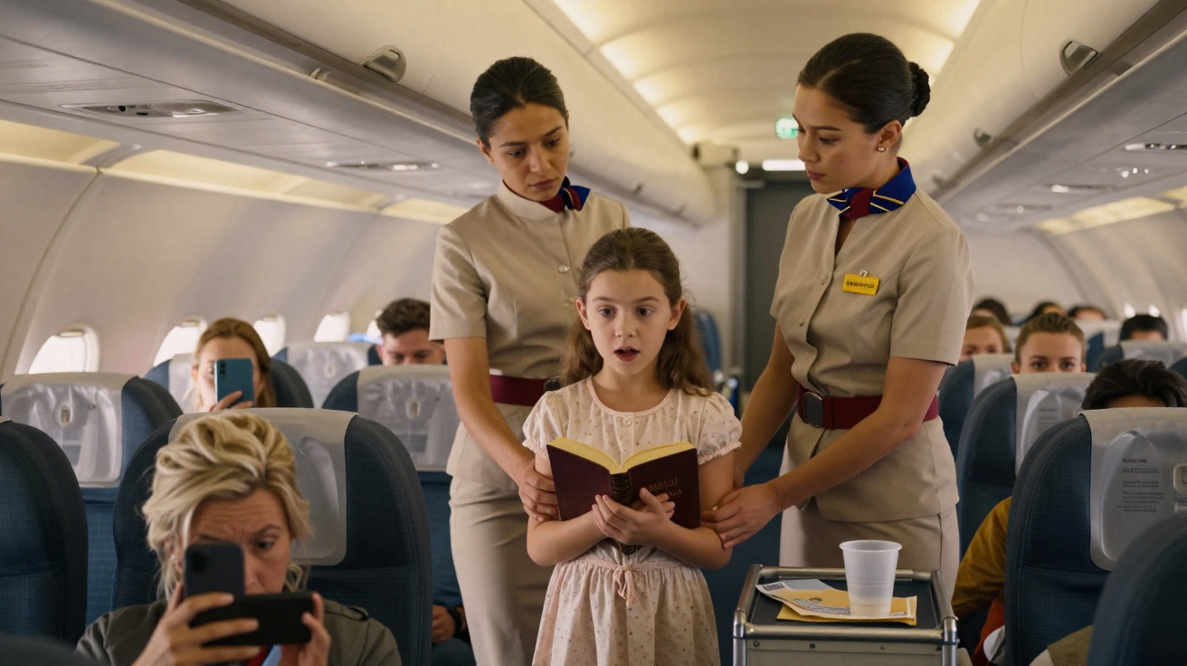 Menina lendo livro assistida por duas aeromoças dentro de avião com passageiros ao fundo.