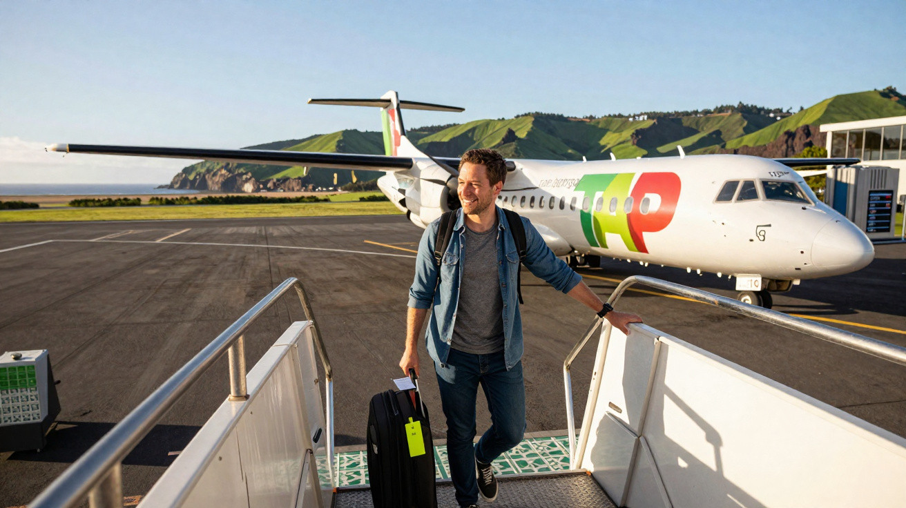 Homem sorridente sobe escada de embarque com mala ao fundo avião TAP e paisagem verde montanhosa.