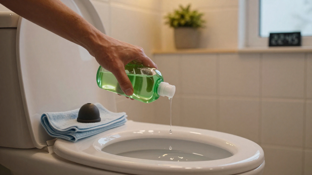 Pessoa derramando líquido verde no vaso sanitário para limpeza em banheiro iluminado.