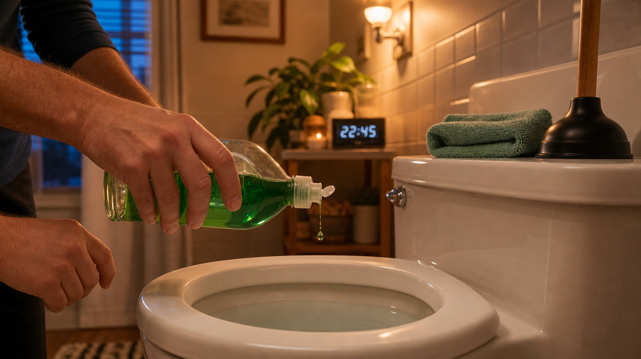 Pessoa segurando frasco de produto e colocando líquido no vaso sanitário em banheiro iluminado.