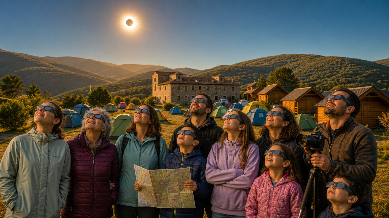 Grupo de pessoas usando óculos especiais observando eclipse solar em acampamento na montanha.