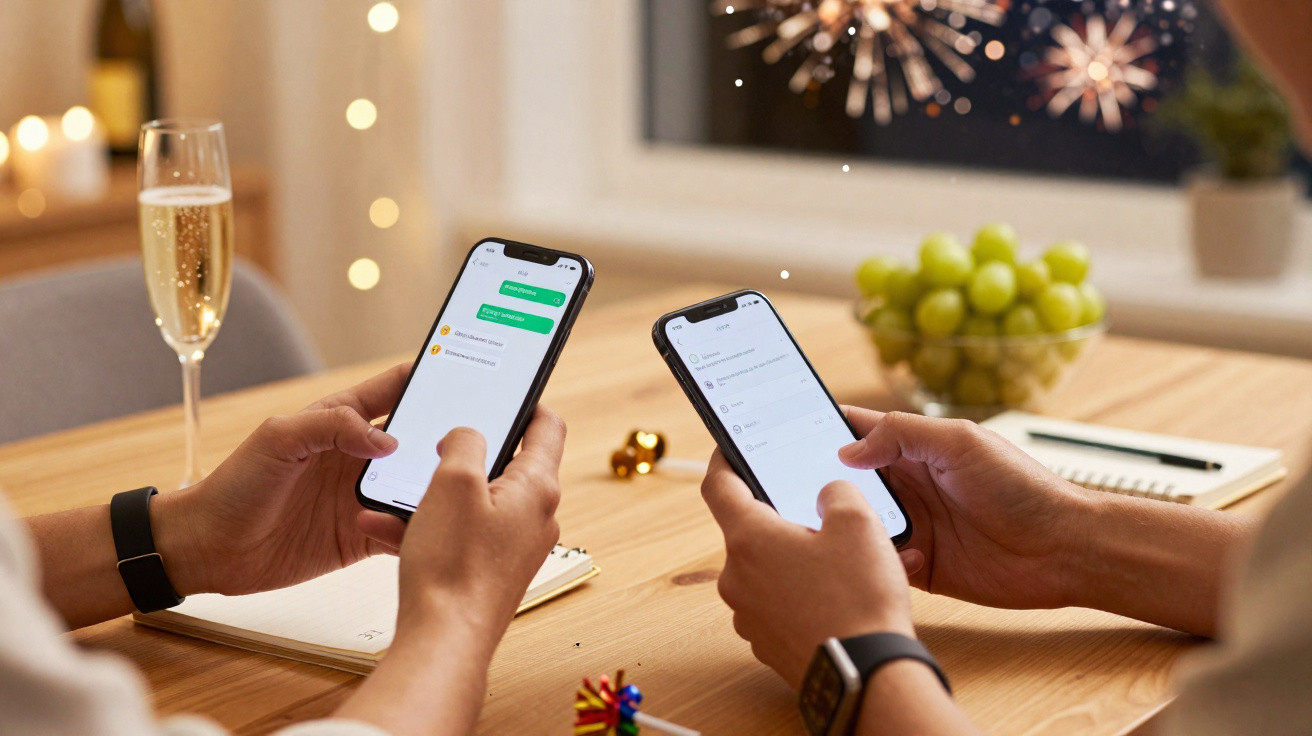 Duas pessoas com relógios inteligentes mexendo em smartphones à mesa com taça de champanhe e fogos de artifício ao fundo.